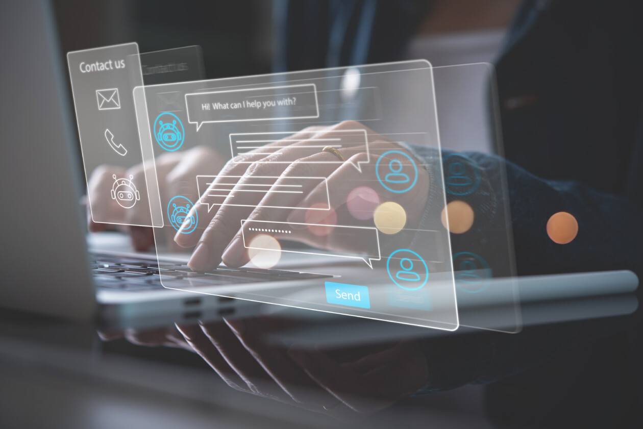 Chatbot conversation assistant. person using online customer service with chat bot to get support. artificial intelligence and crm software automation technology, customer support center